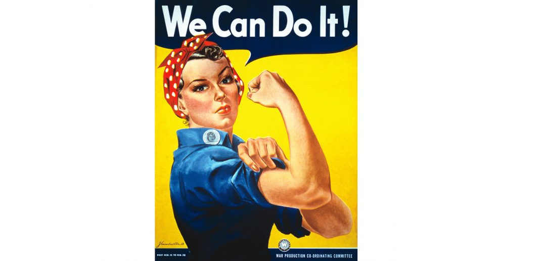 “We Can Do It!” poster for Westinghouse, closely associated with Rosie the Riveter, although not a depiction of the cultural icon itself. Model may be Geraldine Doyle (1924-2010) or Naomi Parker (1921-2018).