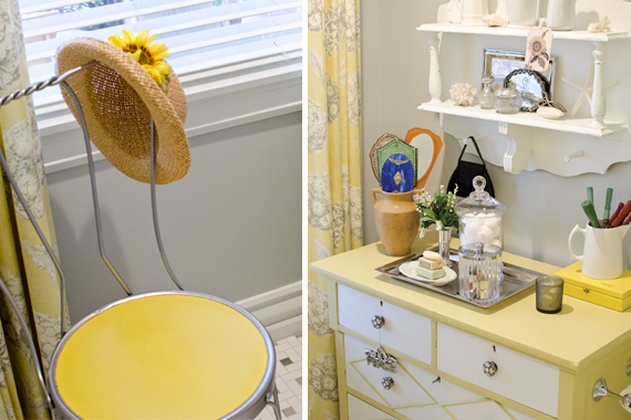 The yellow in the drapery fabric is echoed in an old chair found in the client’s garage and in a repurposed dresser, which now holds linens.