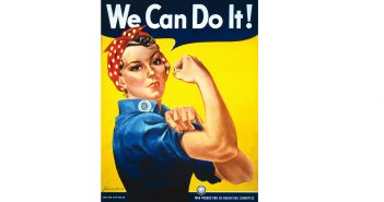 “We Can Do It!” poster for Westinghouse, closely associated with Rosie the Riveter, although not a depiction of the cultural icon itself. Model may be Geraldine Doyle (1924-2010) or Naomi Parker (1921-2018).