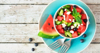 Fresh Food Friday Fourth of July Red White and Blue Cucumber Watermelon Feta Salad Jenifoto / stock.adobe.com